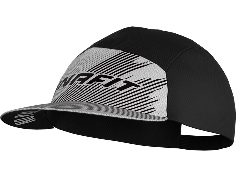 Black Dynafit Alpine Graphic Visor Cap with stripe design and logo, side perspective.