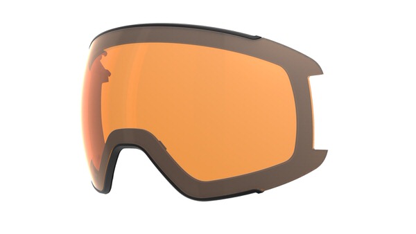 Orangefarbene Skibrille MAGNIFY 5K mit schwarzem Rahmen, die zum Wechseln der Gläser bereit ist.