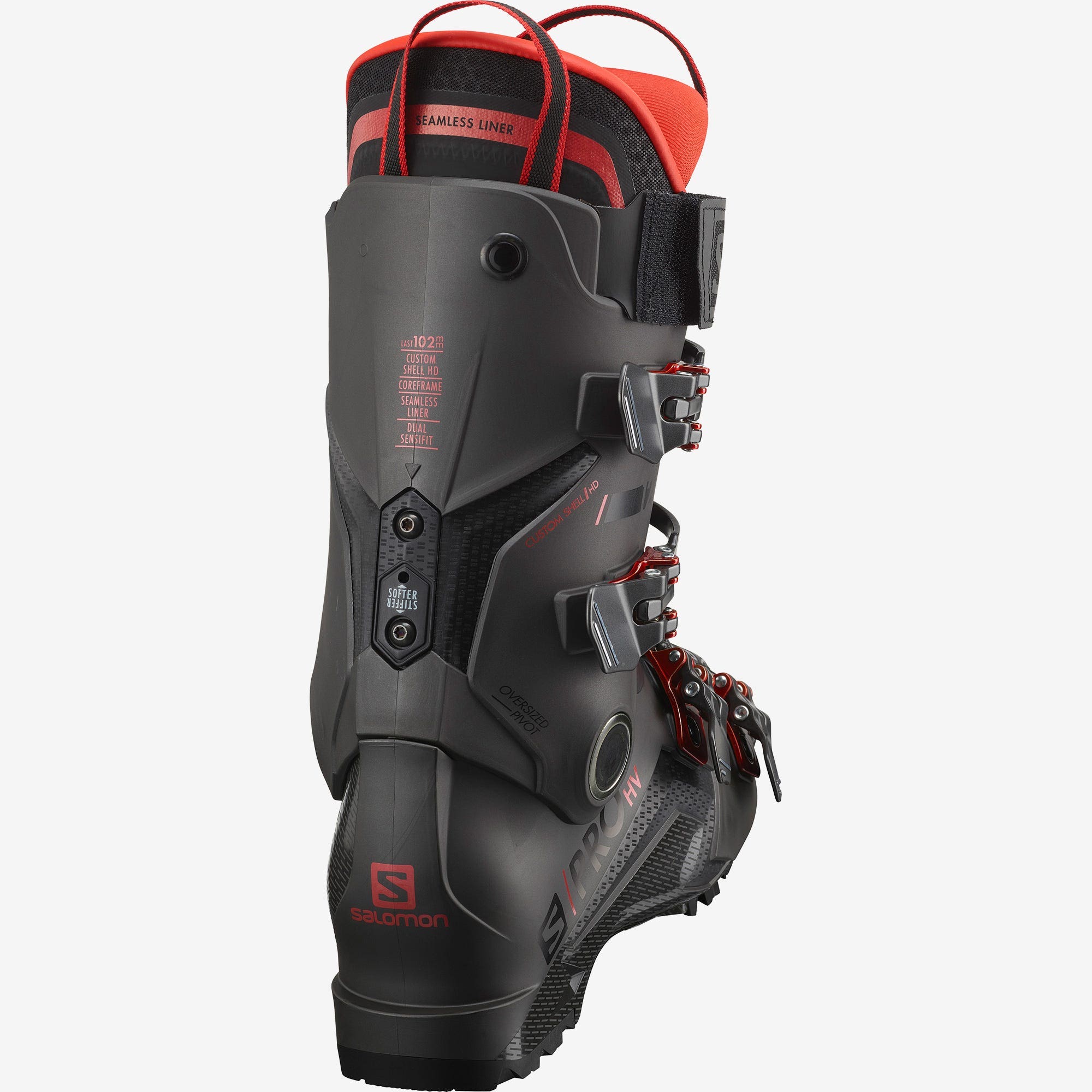 Schwarzer Salomon S/PRO HV 120 Skischuh von hinten, rote Akzente und Innenschuh sichtbar.