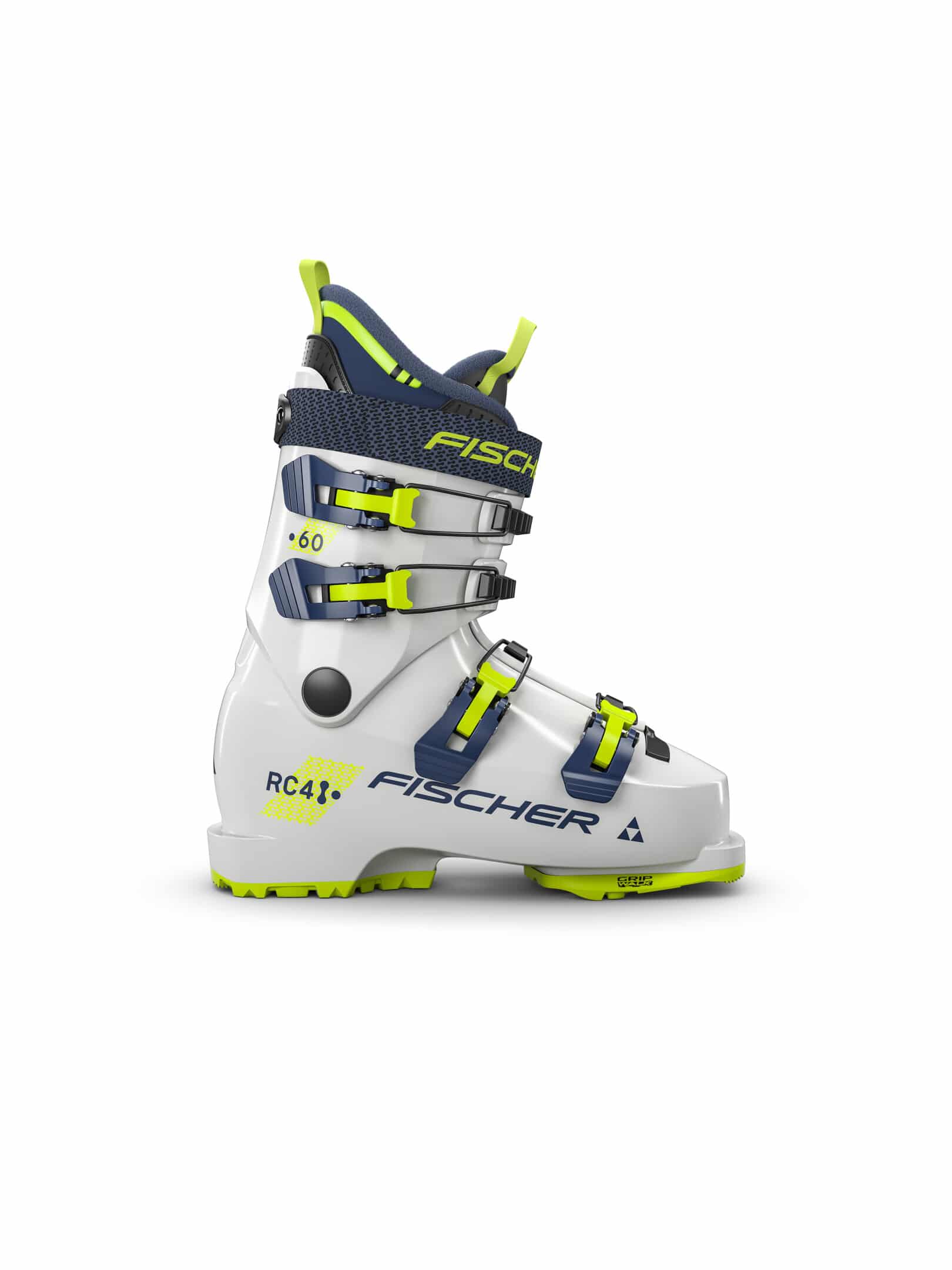 Weißer Fischer RC4 60 JR Skischuh mit blauen Akzenten und gelben Schnallen, seitliche Ansicht.