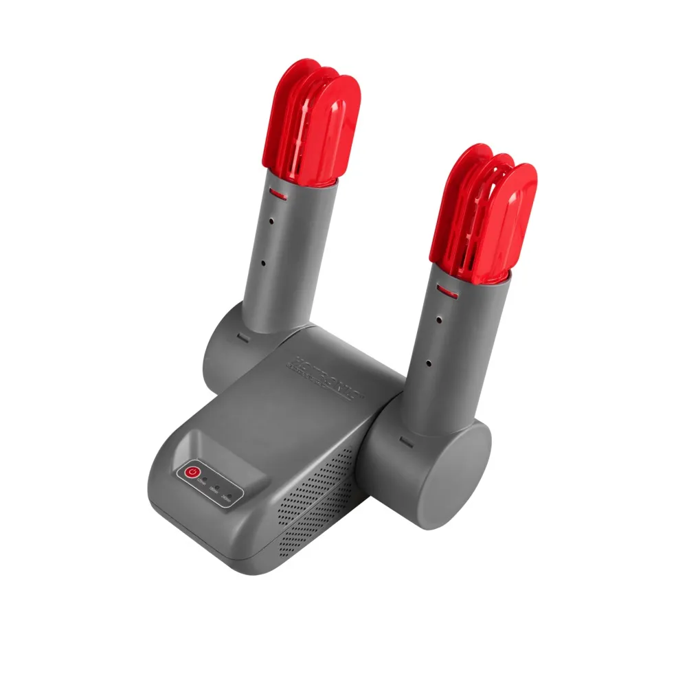A gray shoe drying rack with red inserts on a white background.