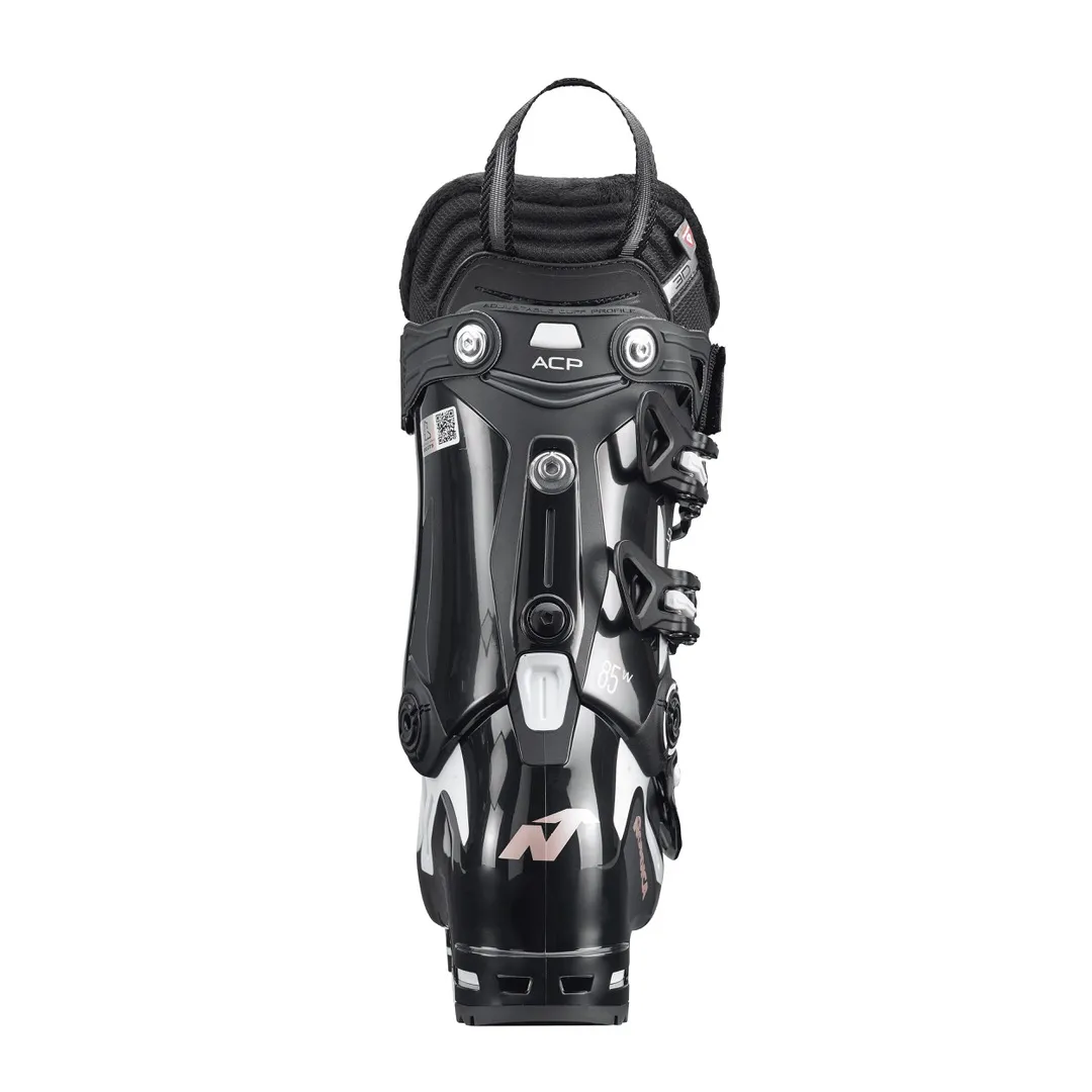 Black Nordica Speedmachine 85 W ski boot from the back, with buckles and strap on the shaft, logo at the bottom.