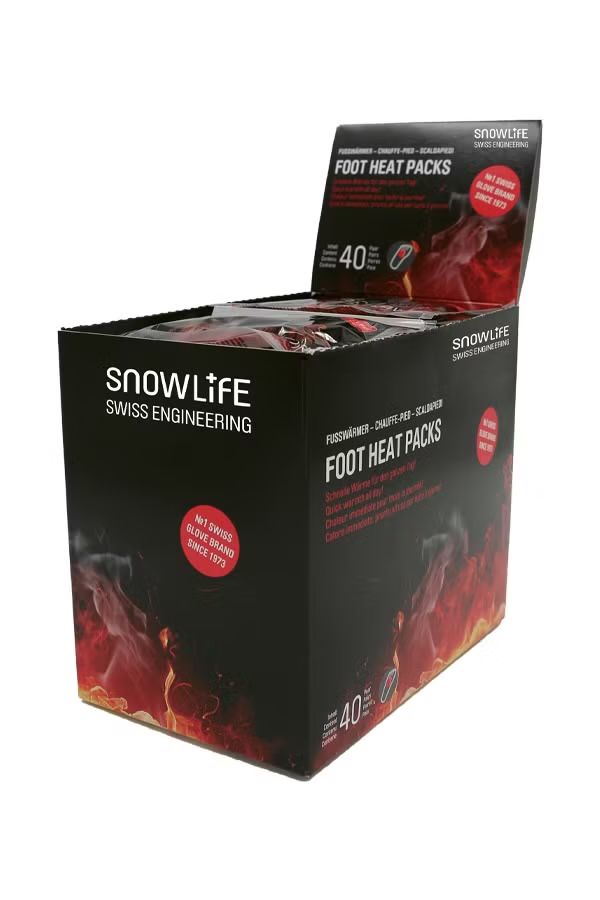 Scaldapiedi "Foot Heat Packs" Scatola con 40 scaldapiedi "Foot Heat Packs" di Snowlife, adatti per le giornate fredde, con motivo a fiamma.
