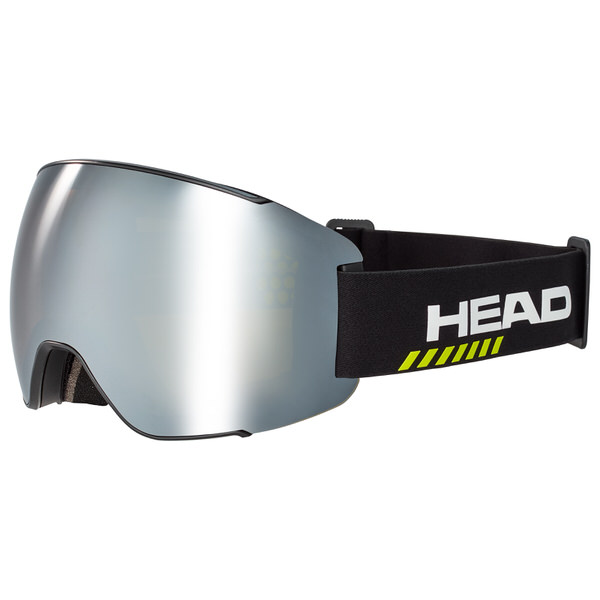 Frontale Ansicht der schwarzen Head Sentinel Rennbrille mit silberner, verspiegelter Scheibe. Schwarzes Kopfband mit gelbem Streifenmuster.