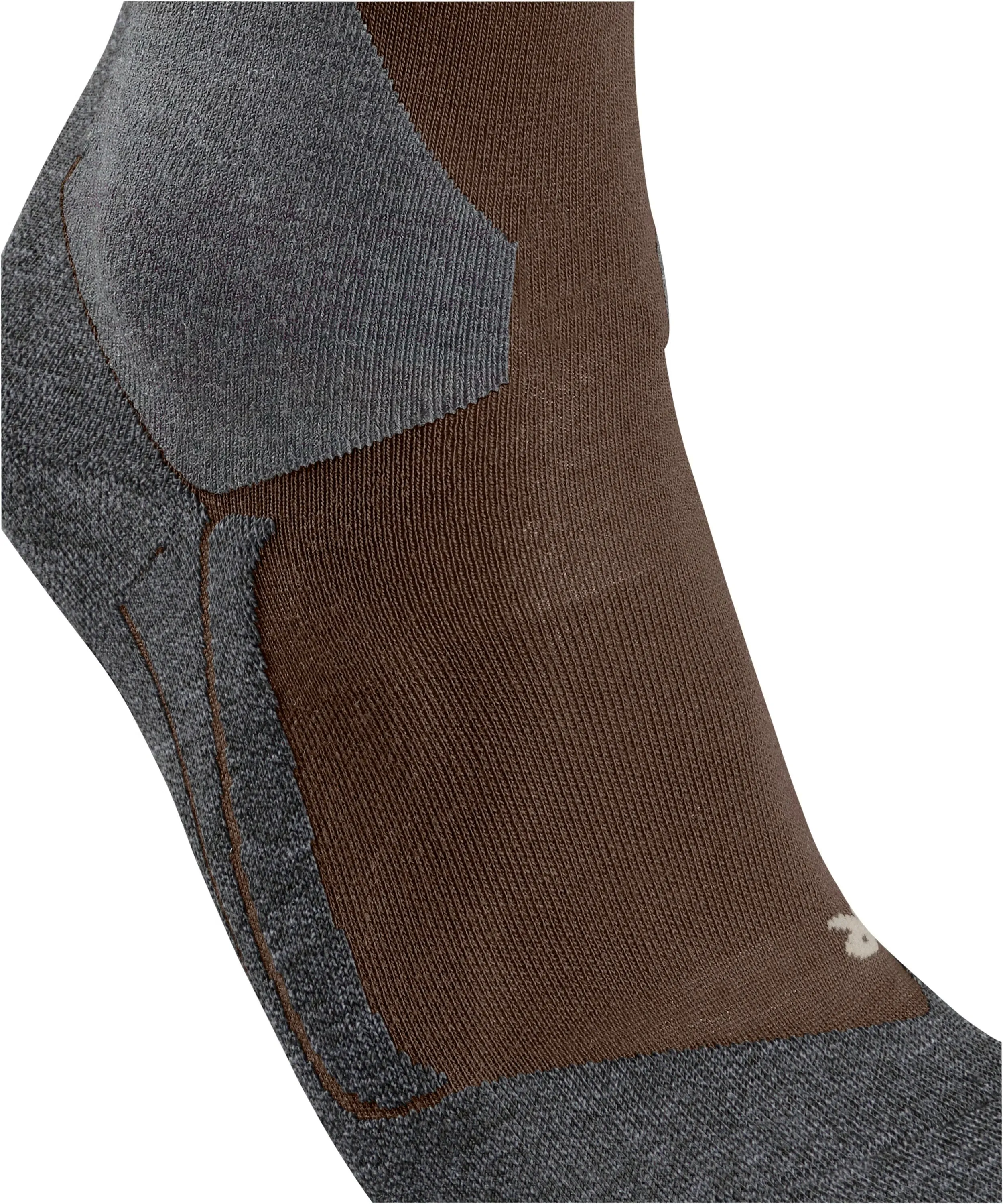 Two-tone performance sock in brown and dark gray, from heel to instep. Brown fabric on the top of the foot; gray section reinforces the heel and ankle. Knit pattern and seams highlight ventilation and support zones. Light-colored logo.