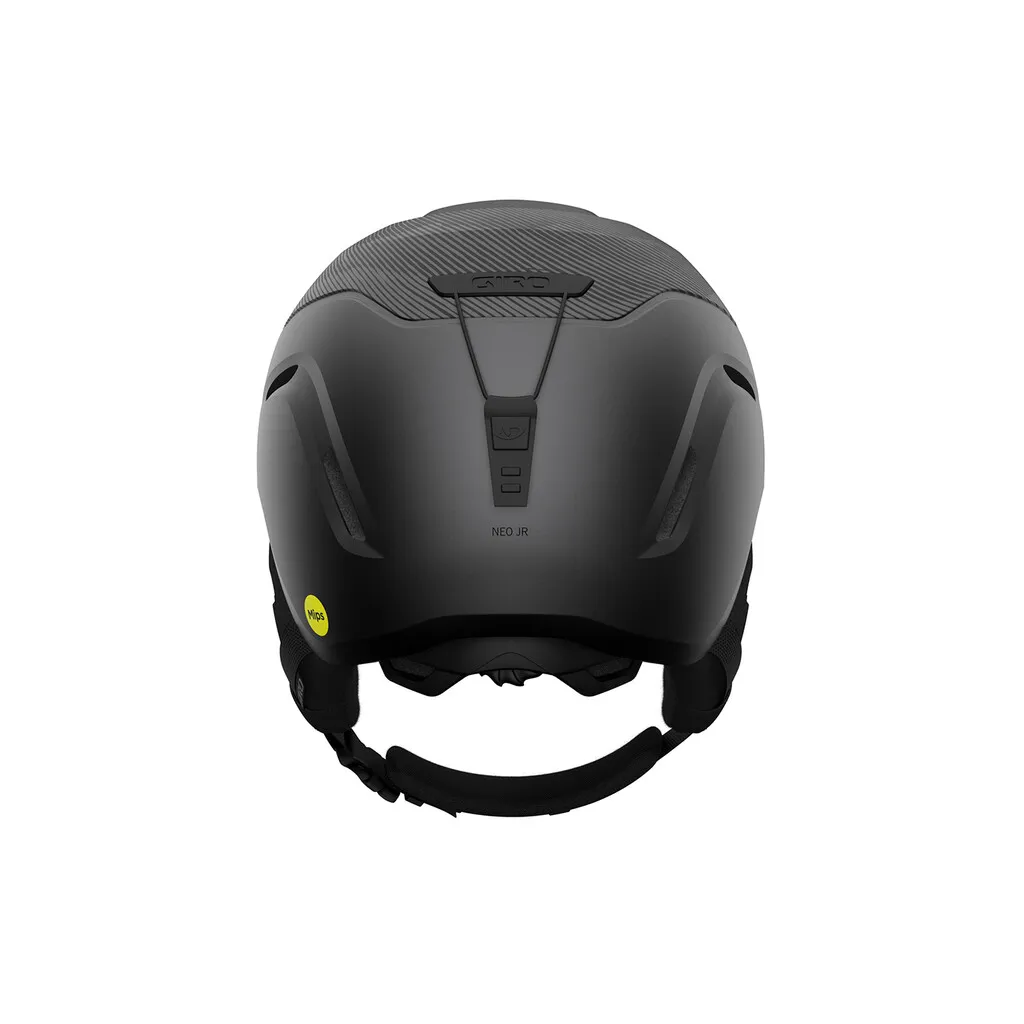 Rückansicht eines mattschwarzen Giro Neo Jr. MIPS Skihelms mit Belüftungsdetails und Größenanpassung.