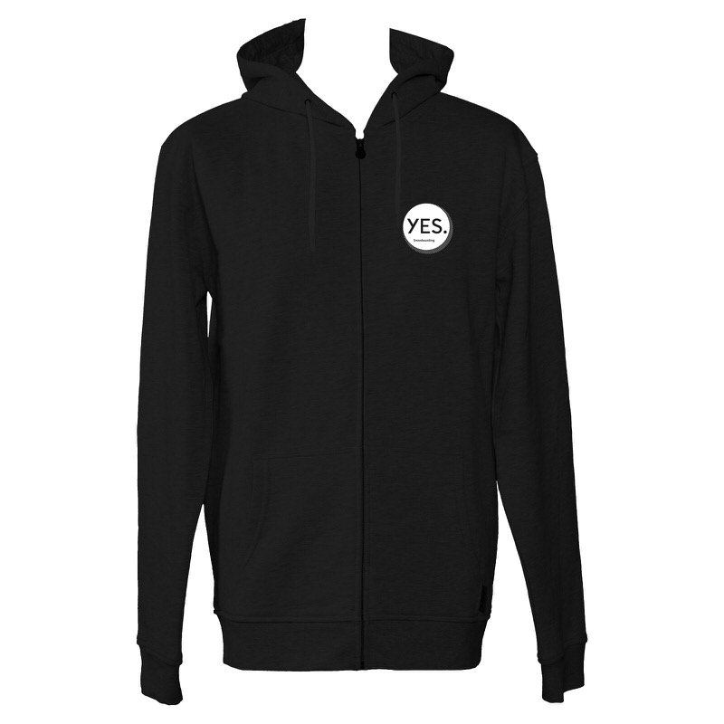 Schwarzer YES ZIP Hoodie mit Reißverschluss, Kapuze und Logo auf der Brust.