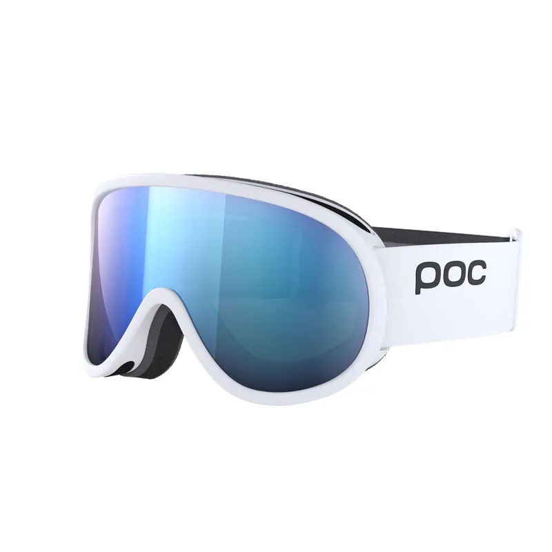 White POC Retina Mid ski goggles with blue cylindrical lens in a studio look.