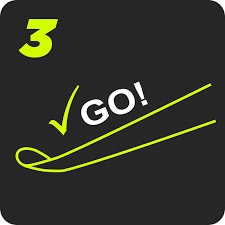 Langlaufski Skizze Grüne Skizze: Langlaufski mit "GO!" und Häkchen, symbolisiert schnelles Gleiten. Zahl "3" oben.