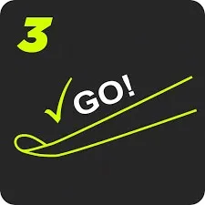 Green sketch: Cross-country ski with "GO!" and check mark, symbolizes fast gliding. Number "3" at the top.