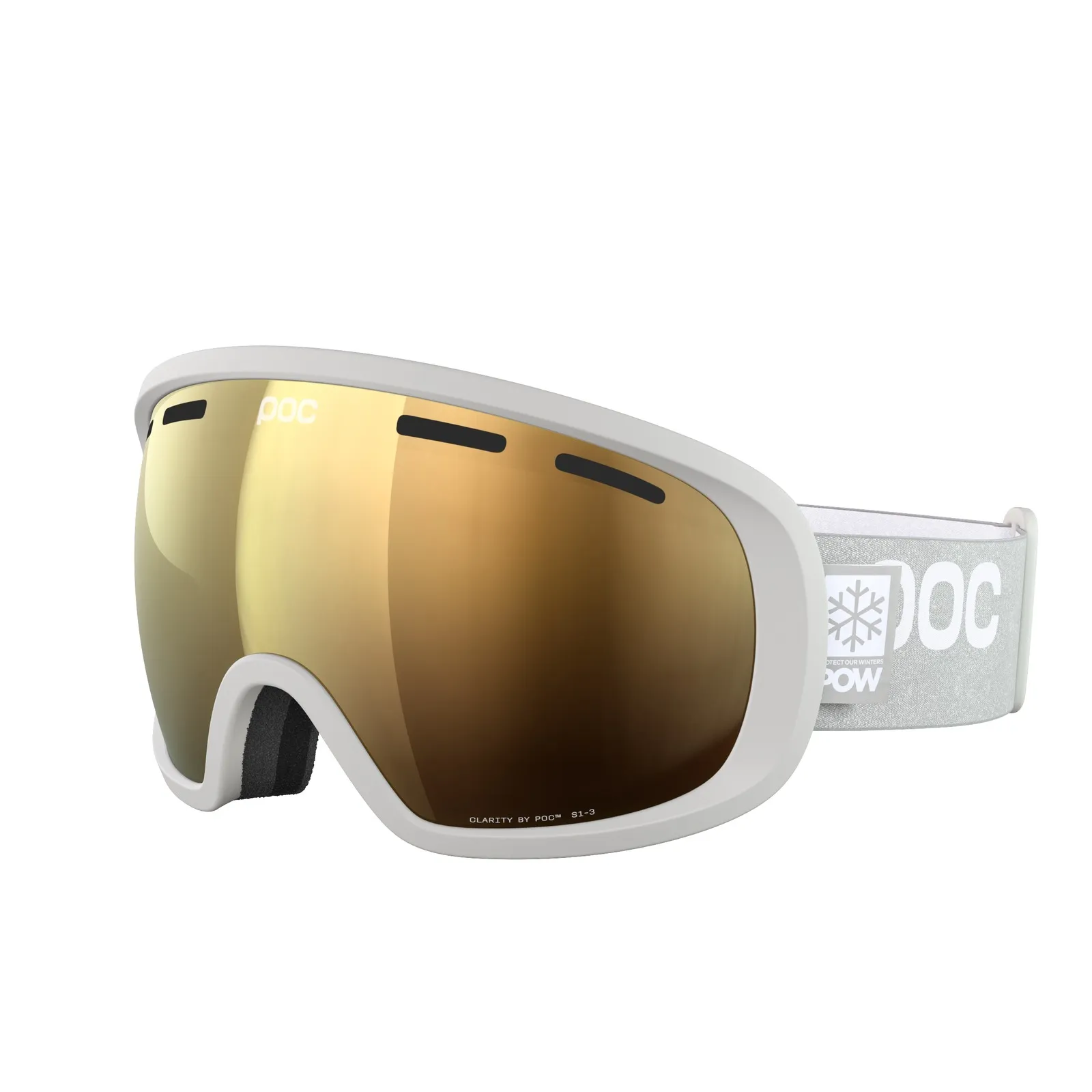 Ski goggles POC Fovea POW JJ Mineral Grey with gold-orange toric lens from the front, temples with snowflake.