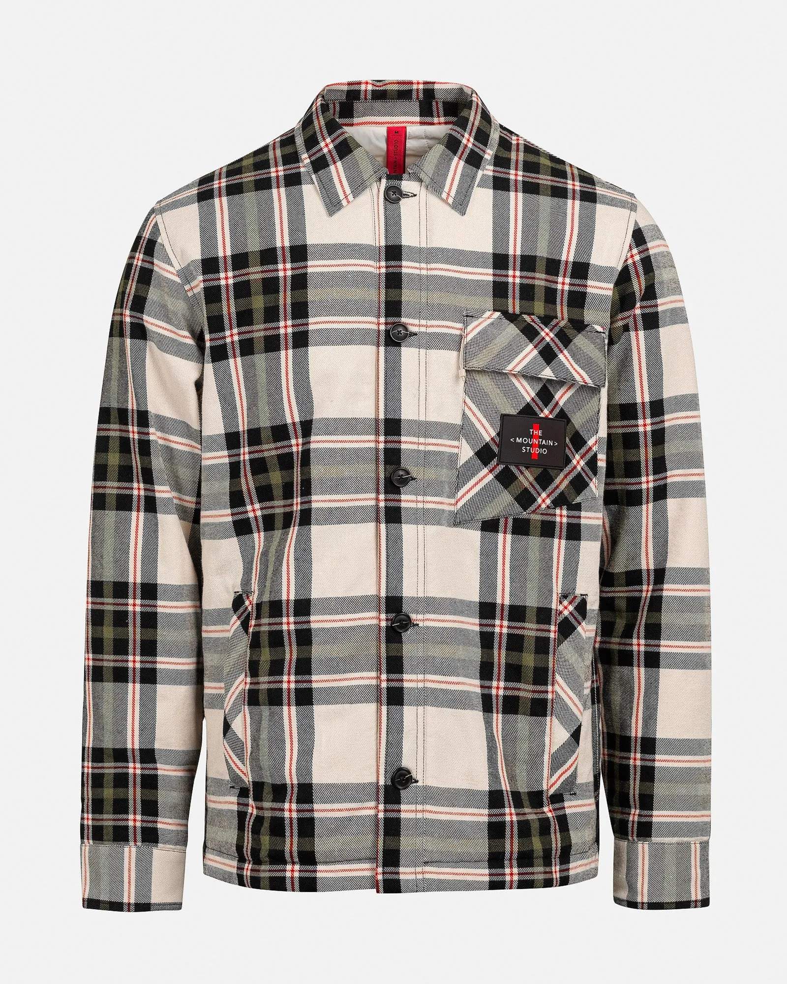 Checked jacket in beige, black, green and red with breast pocket and black "THE STUDIO" label.