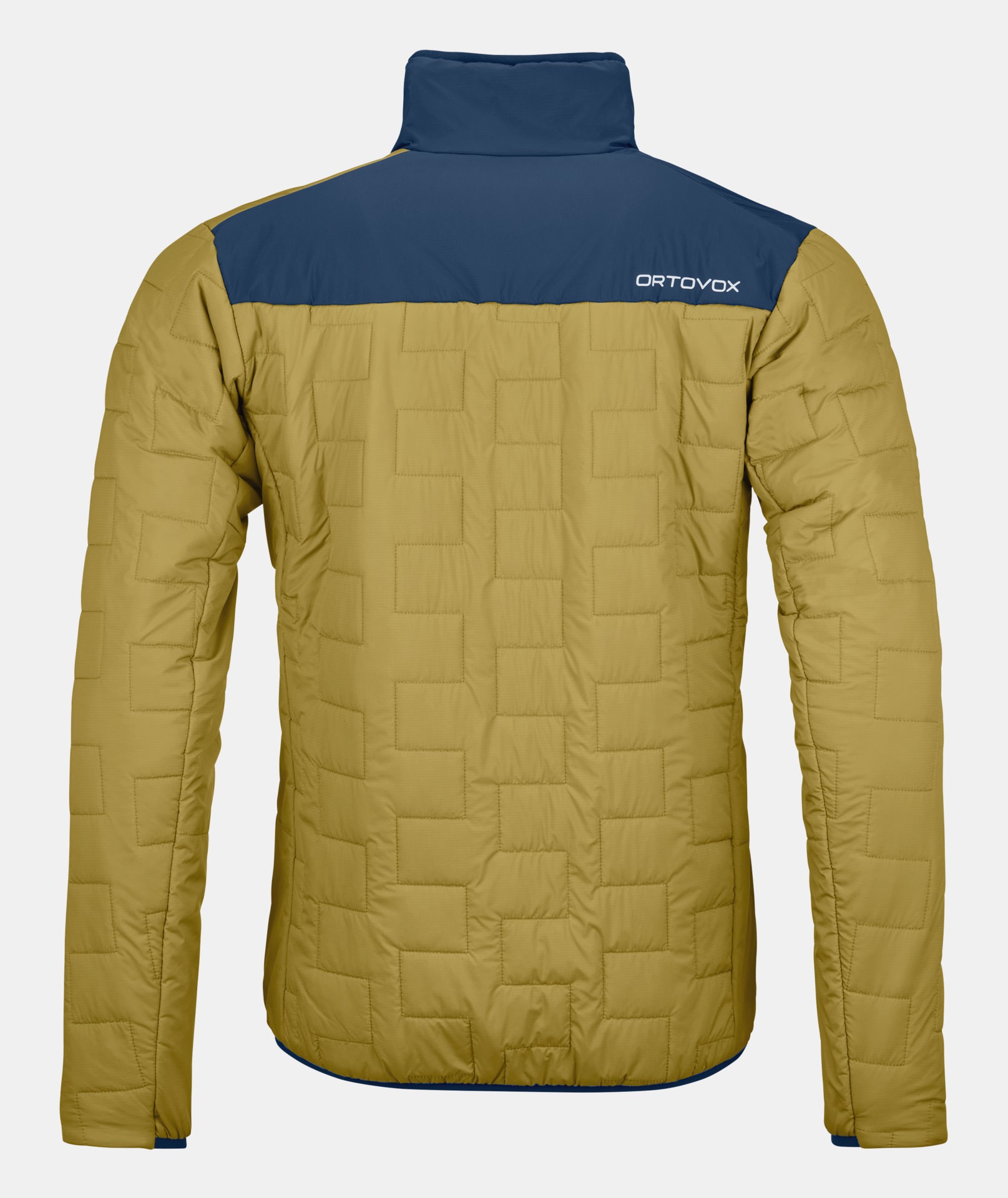 Back view: Sweet Alison Swisswool Piz Segnas Jacket M with blue collar and quilted outer material in golden brown.