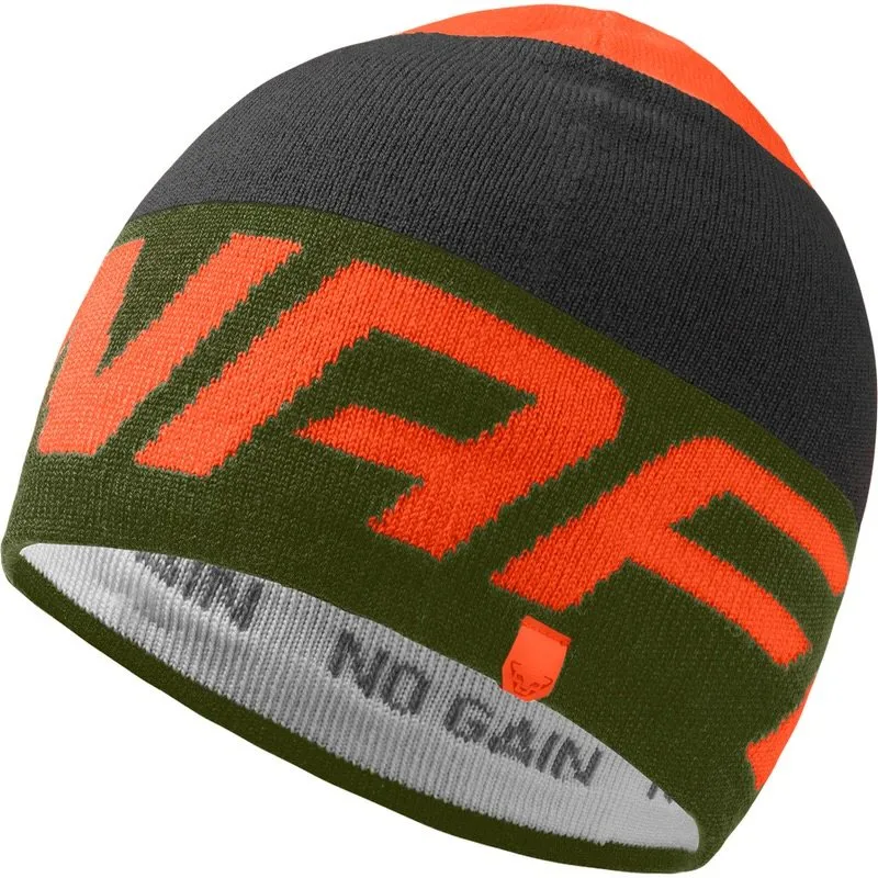 Winter Moss Radical Beanie: gray, orange and olive green striped knitted hat. The lettering is printed in orange.