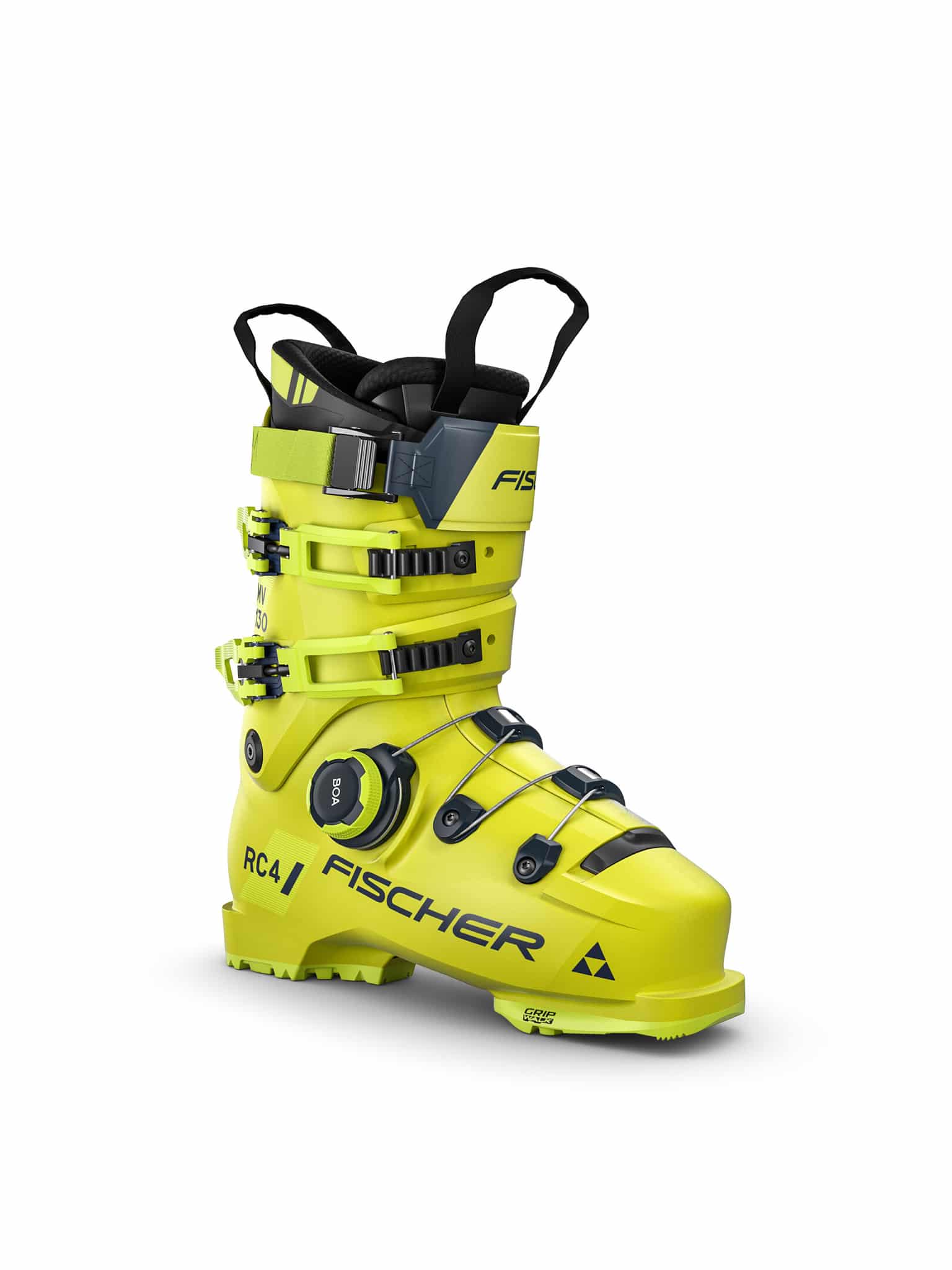 Gelber Fischer RC4 130 MV BOA Skischuh mit BOA-System und GripWalk-Sohle, Frontansicht.