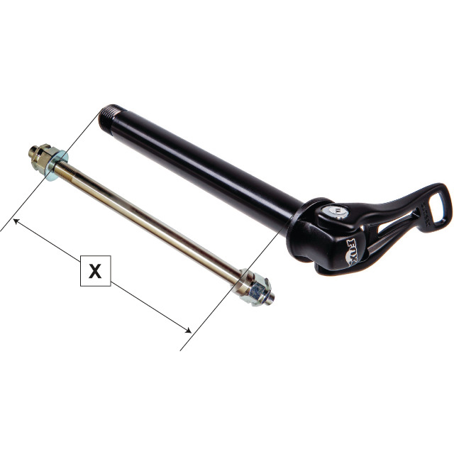 Steckachs-Aufnahmeadapter: Schwarzer Adapter mit Schnellspanner und lange, silberne Gewindestange mit Muttern.