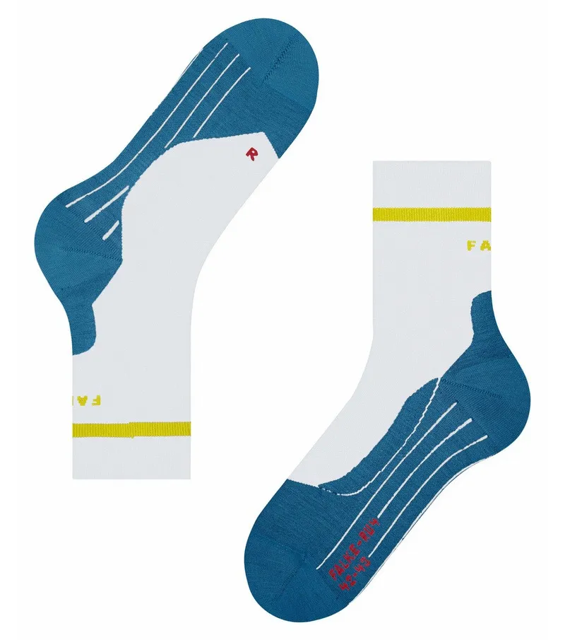 Two blue and white RU4 Endurance men's running socks with yellow accents.