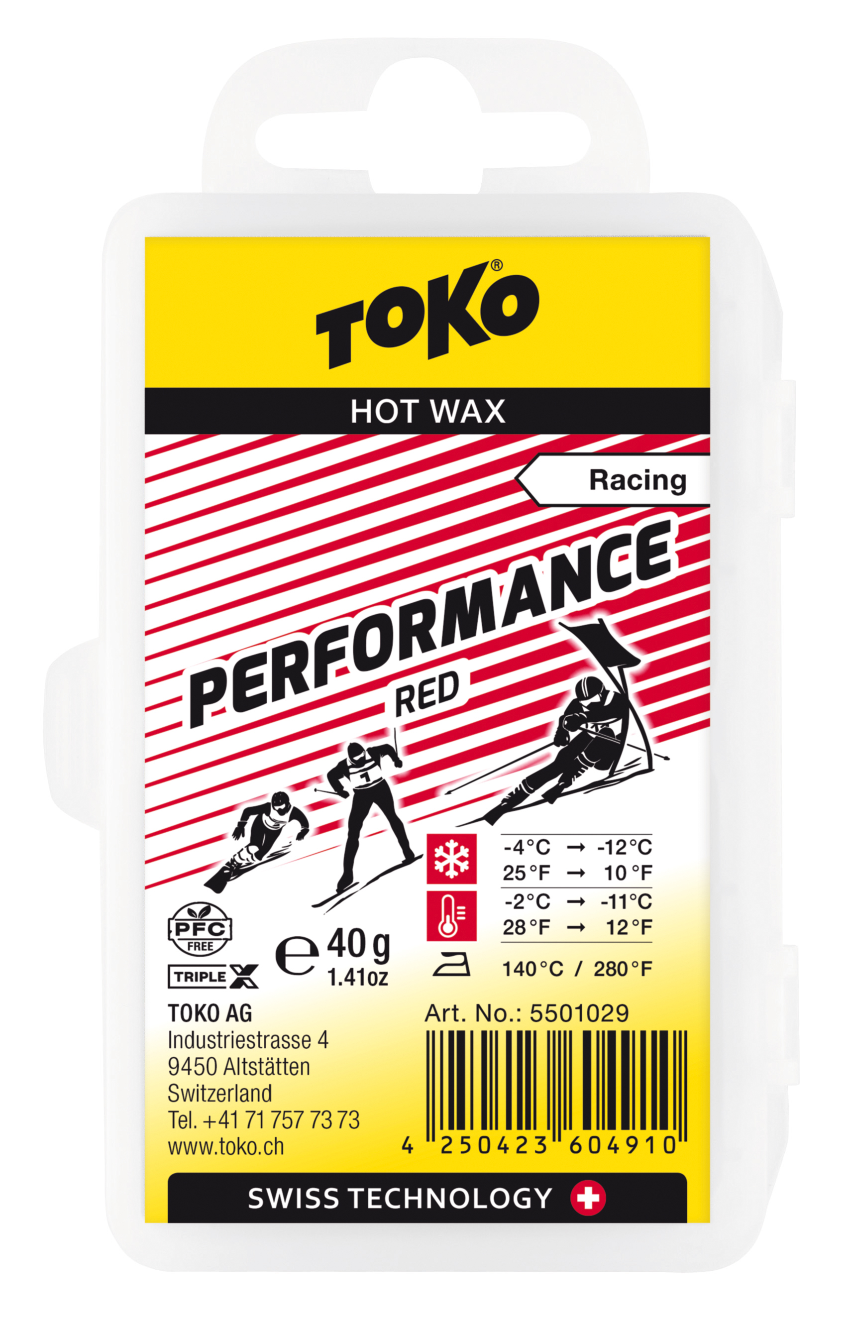 Toko Performance Red Hot Wax Confezione della cera Toko Performance Red Hot Wax con illustrazioni degli sciatori e informazioni sulla temperatura.