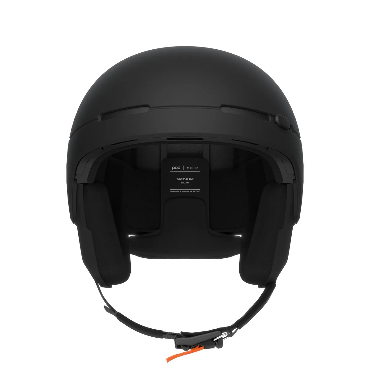 Vista frontale di un casco da sci nero (Poc Meninx) con cuscinetti auricolari e mentoniera su sfondo bianco.
