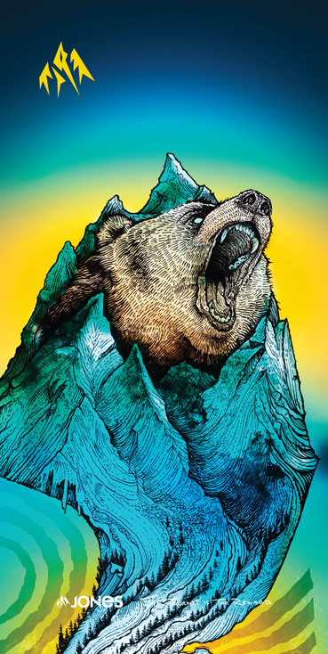 Graphisme pour Grizzly Peak Neck Warmer : Ours rugissant depuis une montagne turquoise.