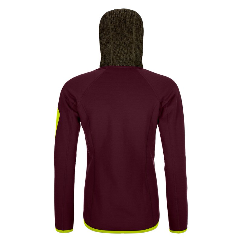 Rückansicht eines dunkelweinroten Fleece Hoodys mit gestrickter Kapuze und neon-gelben Akzenten.