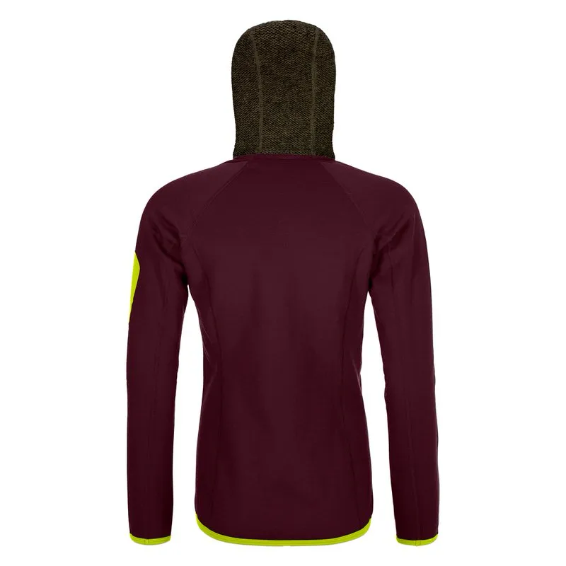 Back view of a dark wine red fleece hoody with knitted hood and neon yellow accents.