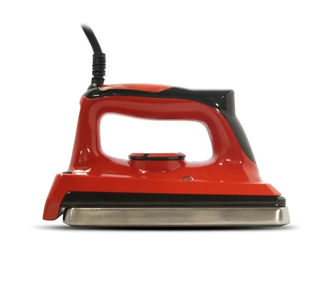 Red waxing iron, iron for ski wax, with black handle and silver heating plate, side view.