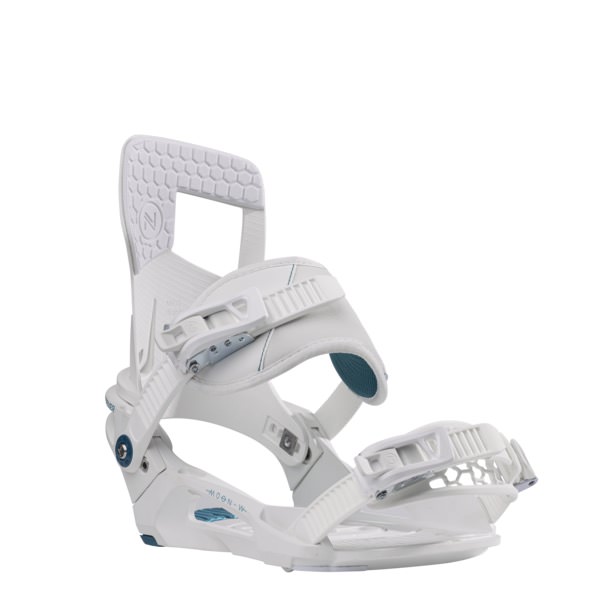 Weiße Nidecker Muon-W Snowboardbindung, seitliche Ansicht. Details sind Manschette, Riemen und Schnallen.