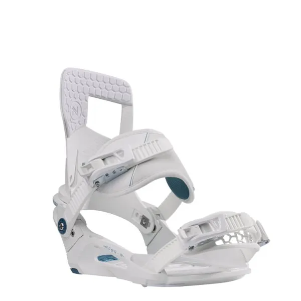 White Nidecker Muon-W snowboard binding, side view. Details include cuff, straps and buckles.