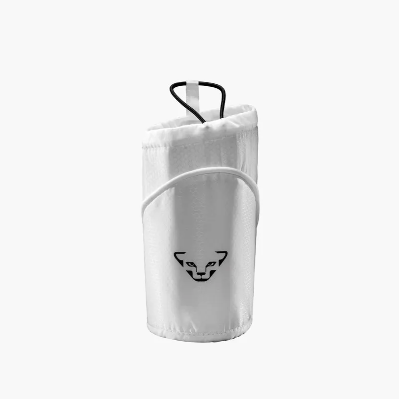 White, insulated Dynafit Alpine Bottle Holder with black logo and drawstring against a neutral background.