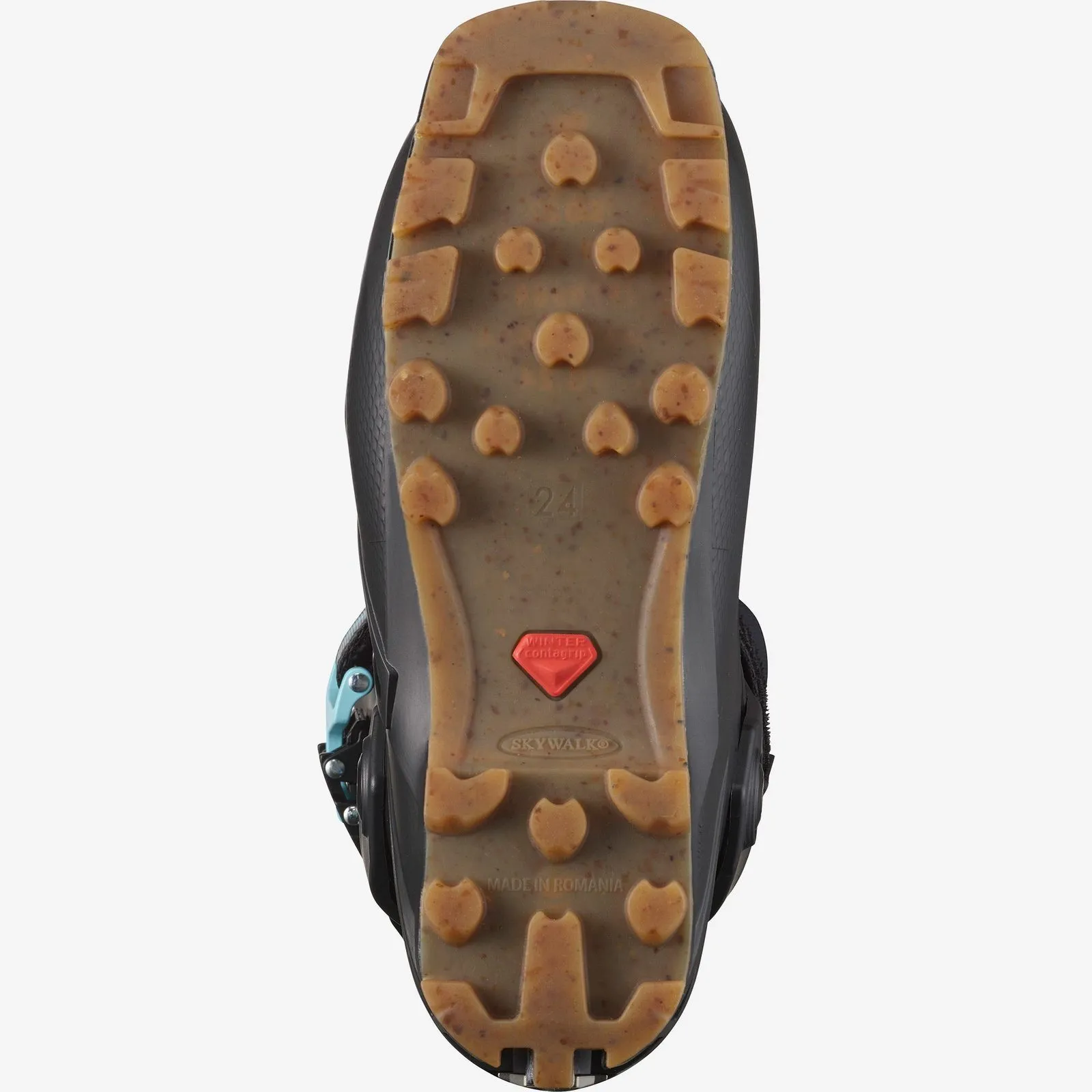 View of the sole of the Salomon MTN Summit Pure W touring shoe with grippy tread and Winter Contagrip technology.
