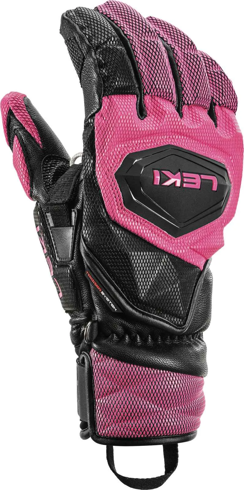 Close-up of a black/pink Leki Venom SL 3D racing glove.