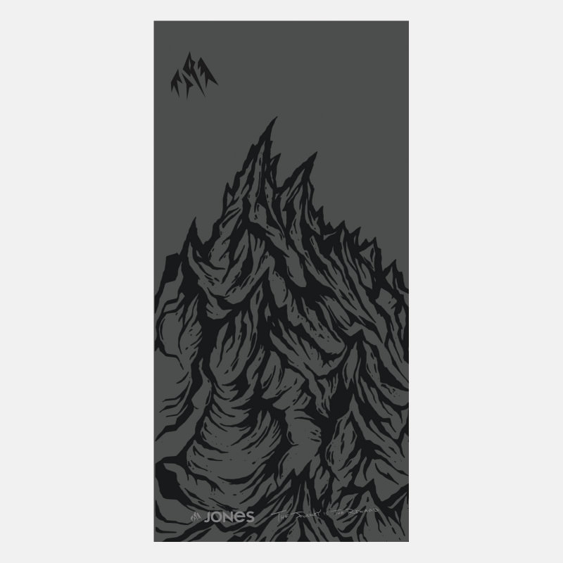 Dark gray Jones Ultracraft neck warmer with mountain motif. Mountain landscape on the front.