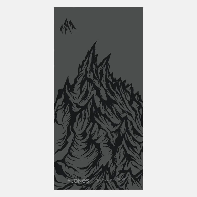 Dunkelgrauer Jones Ultracraft Neckwarmer mit Berg-Motiv. Berglandschaft auf der Vorderseite.