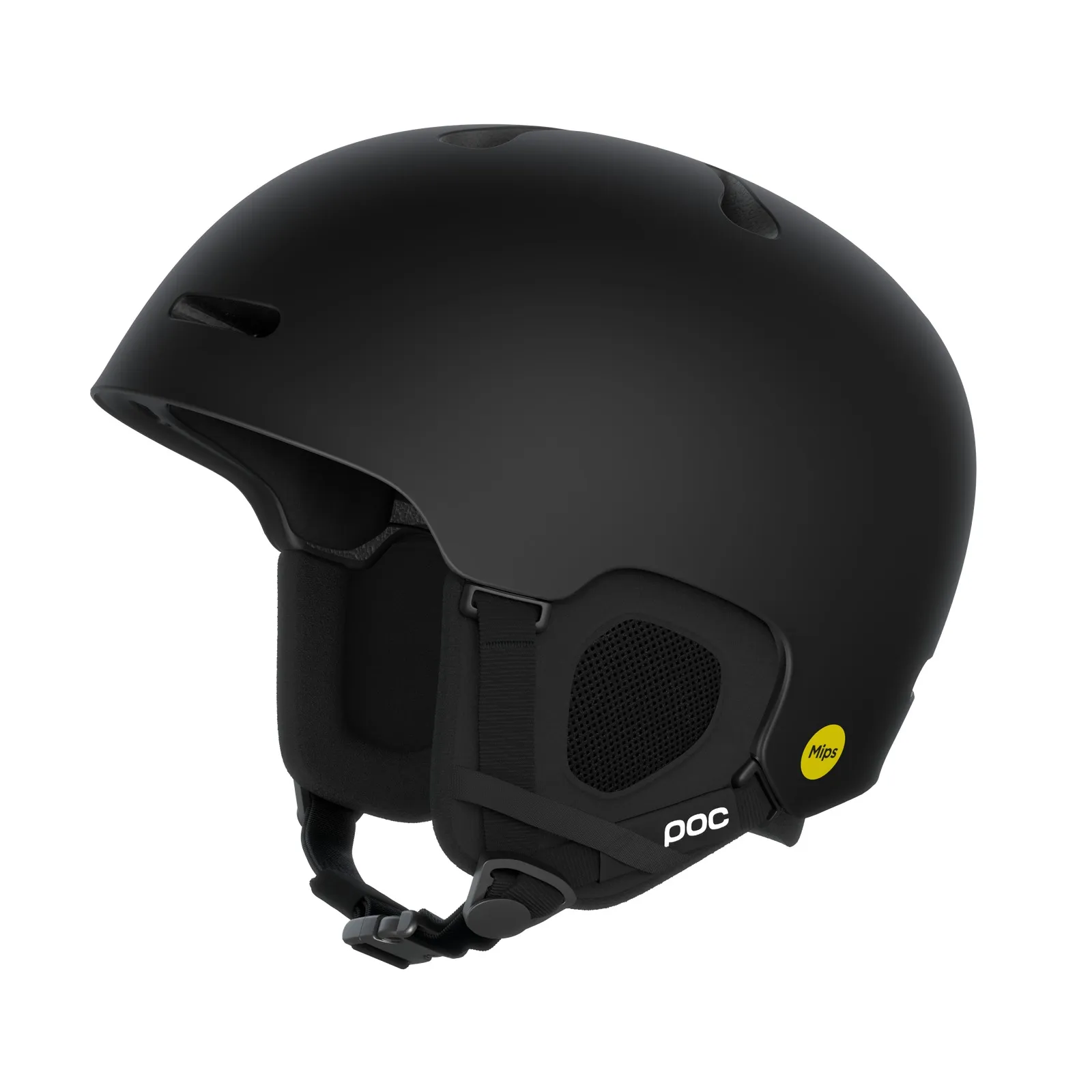 Ein mattschwarzer Poc Fornix Mips Skihelm ist von der Seite zu sehen. Er hat Belüftungslöcher und ein gelbes Mips Logo.