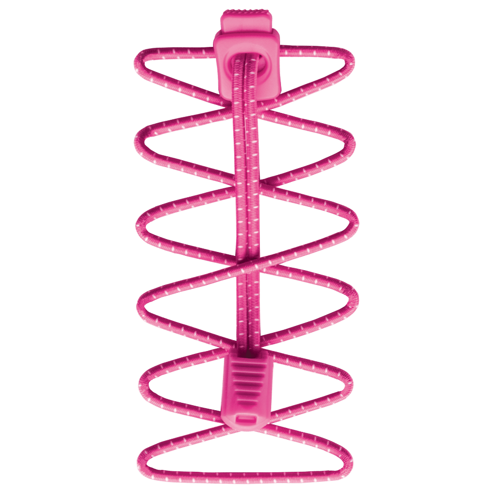 Pinke Run Laces: Elastische Schnürsenkel mit weißen Punkten und Verschluss.