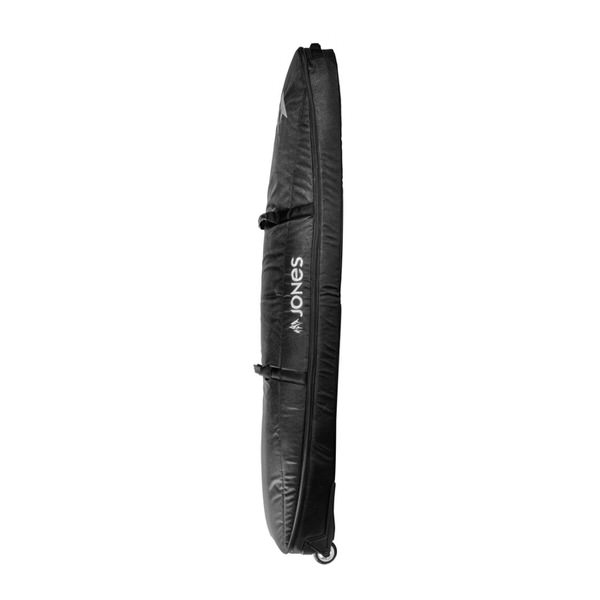Schwarze Jones Adventure Snowboardtasche, stehend, mit Rollen und Tragegurten.