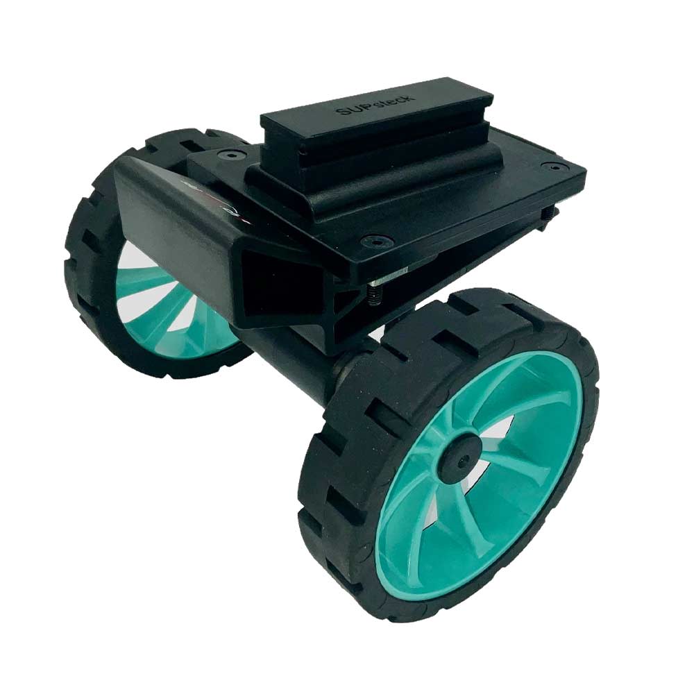 SUPmover Mint: Schwarze Basis mit mintfarbenen Rädern für den einfachen Transport von Sportgeräten.