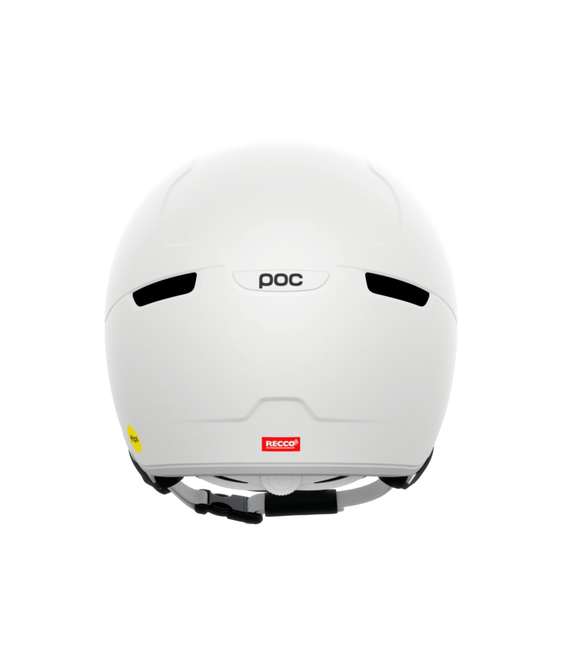 Rückansicht des weißen POC Obex Visor Skihelms mit Belüftungsschlitzen, Markenlogo und RECCO-Reflektor. Kinnriemen sichtbar.
