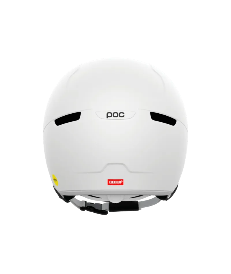 Vue arrière du casque de ski blanc POC Obex Visor avec fentes d'aération, logo de la marque et réflecteur RECCO. Jugulaire visible.