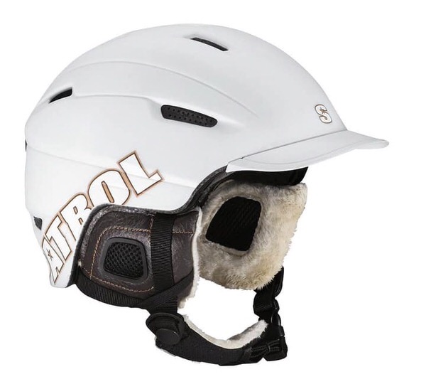 Casque de ski et de snowboard blanc, marque "Salomon Patrol Ace", avec fourrure synthétique marron et visière.