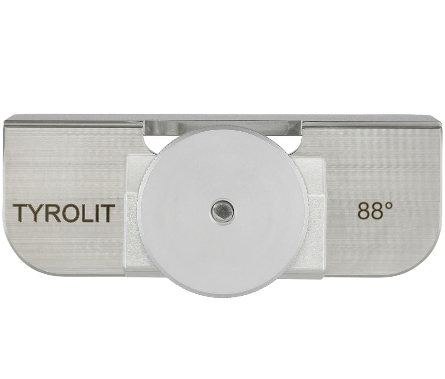 Metallwerkzeug mit der Aufschrift "TYROLIT", einem runden Knopf in der Mitte und der Zahl "88°" rechts.