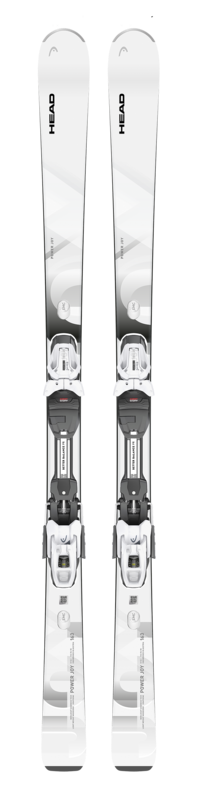 Weisse Ski mit Bindung, Frontansicht. "Head e-power Joy" Ski, geeignet für Piste und fortgeschrittene Skifahrerinnen.