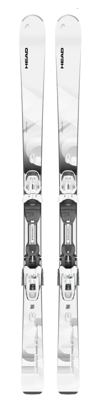 Weisse Ski mit Bindung, Frontansicht. "Head e-power Joy" Ski, geeignet für Piste und fortgeschrittene Skifahrerinnen.