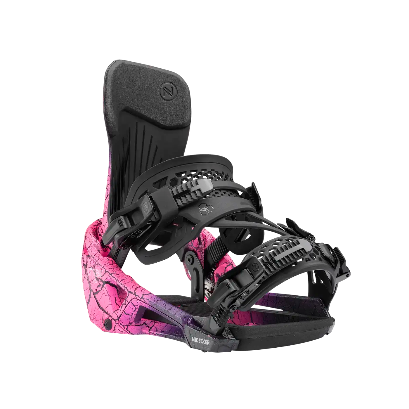 Snowboardbindung der Marke Nidecker, vorwiegend in Schwarz und Pink mit Rissmuster.