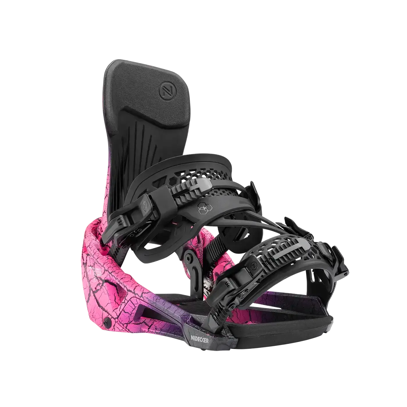 Snowboardbindung der Marke Nidecker, vorwiegend in Schwarz und Pink mit Rissmuster.
