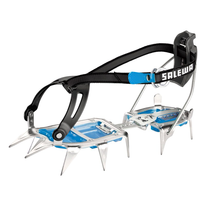 Alpinist Steigeisen von Salewa aus Aluminium mit Zacken, blauen Antistollplatten und einem schwarzen Befestigungsband.