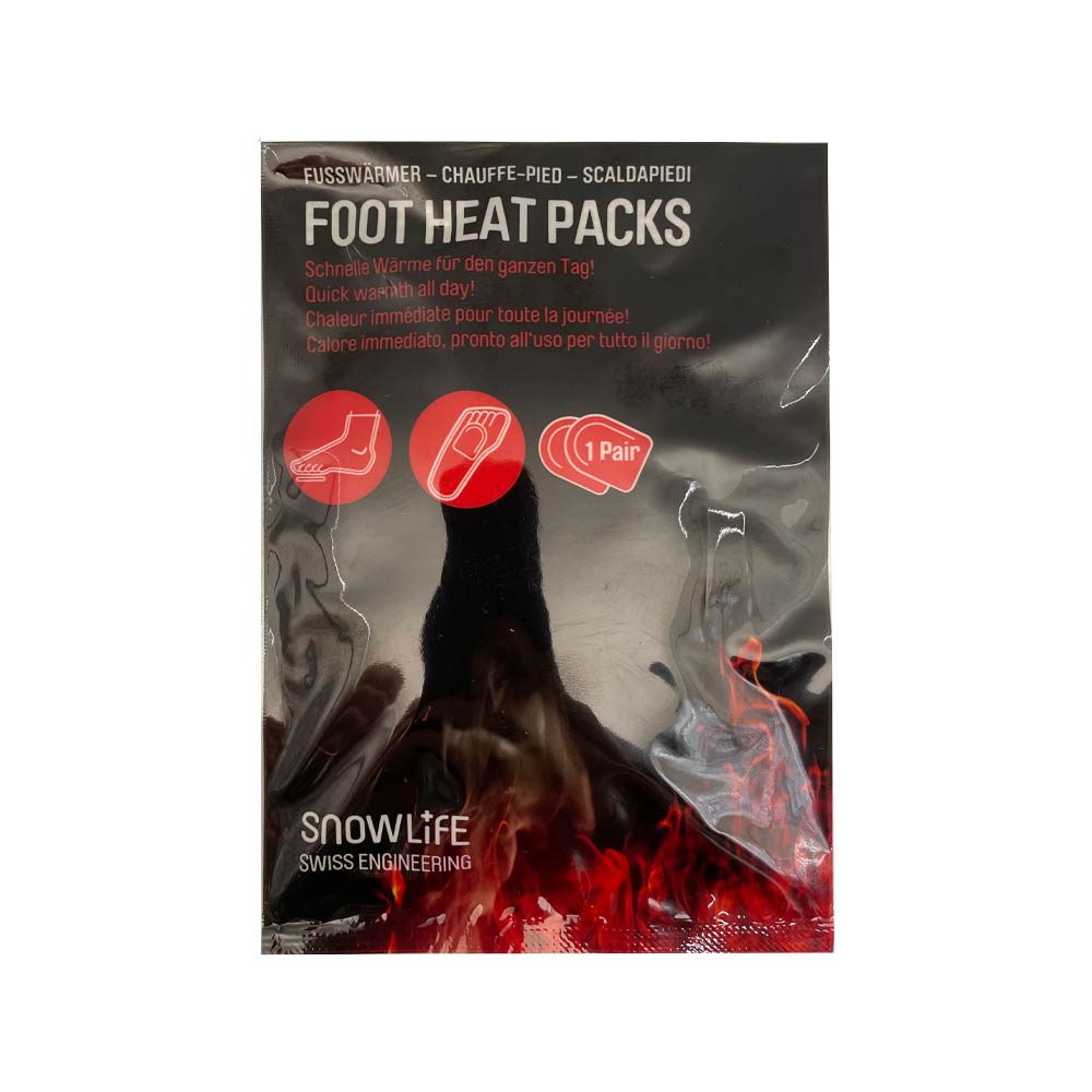 Confezione dei Foot Heat Packs Confezione dei Foot Heat Packs con simboli e informazioni sul prodotto, con il marchio Snowlife in basso.