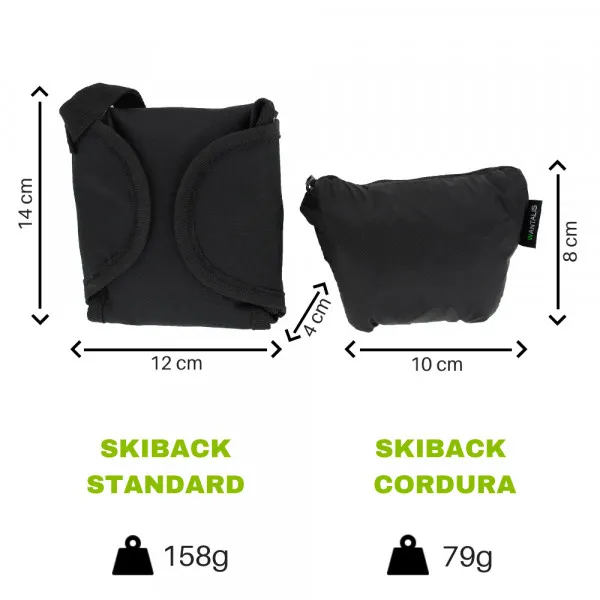 Comparaison entre Skiback Standard et Cordura Light : dimensions et poids.