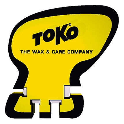 Gelber Toko Scraper Sharpener mit Logo, schwarzer Umrandung und Aussparungen für die Plexiklingen.